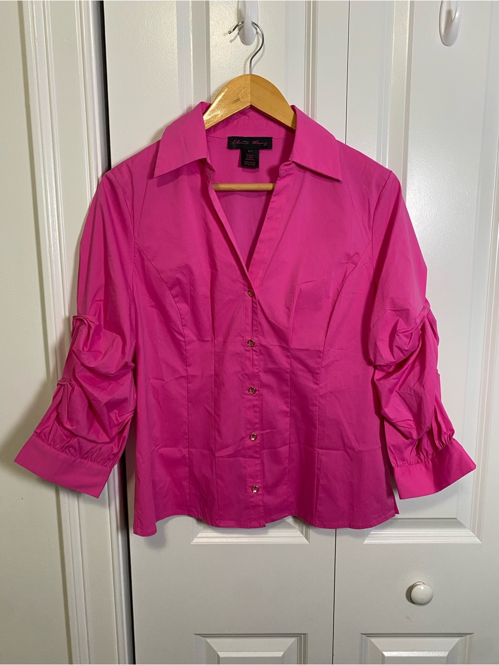 NWT Elena Wang Pink Button-Down Shirt with Ruched Sleeves